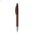 A brown plastic pen with a silver tip and a clip, featuring a branding logo.
