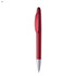 A red plastic pen with a silver tip and a sleek design, featuring a logo on the barrel.
