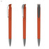An orange transparent plastic pen with a silver clip, displayed from three angles. Features a logo on the clip.