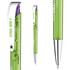 A transparent green plastic pen with a silver clip and a logo, featuring sleek and modern design elements.