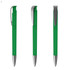 A green plastic pen with a silver clip, featuring a sleek and modern design.