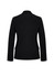 A black mid-length jacket with long sleeves and a tailored back design. It features a logo on the fabric.