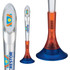A plastic pen featuring a sleek design with a transparent body, orange accents, and a blue base. It includes a logo.