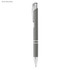 A metal pen in gunmetal grey with silver accents and a clip. It features a sleek design and a branding logo.