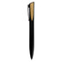 A metal pen in black with a wooden accent, featuring a clip and a sleek design. It includes a branding logo.