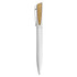 A metal pen with a white barrel and a gold accent, featuring a clip and a branding logo.
