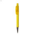 A plastic pen in bright yellow with a retractable tip and a clip. The pen has a branding logo on it.