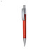 A red plastic pen with a silver clip and tip, featuring a sleek design and a logo on the side.