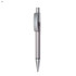 A plastic pen in silver and grey with a clip and a shiny chrome tip, featuring a branding logo.