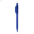 A blue plastic pen with a clip and a pointed tip, featuring a branding logo.