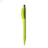 A plastic pen in vibrant lime green with a silver clip and tip, featuring a logo.