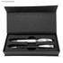 A sleek black packaging featuring two writing instruments in silver and chrome finishes. Includes a logo.