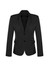 A women's mid-length black blazer featuring a two-button closure and side pockets. The jacket has a fitted silhouette.