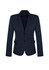 A women's mid-length jacket in dark navy, featuring a two-button closure and fitted design. It has a sleek blazer style.