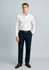 Men's cool stretch flat front pants in navy, paired with a light-coloured shirt and brown shoes, with a logo present.