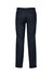 A pair of navy flat front pants for men, featuring a sleek design and two back pockets.