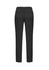 A pair of black slimline pants with a tailored fit, featuring back pockets and a logo.