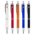 A selection of five plastic pens in silver, red, orange, blue, and black with a logo on each.