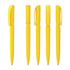 Five yellow plastic pens with a glossy finish, featuring a clip on the cap and a smooth barrel design.