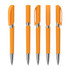 A set of orange plastic pens with glossy finishes and silver accents arranged in different positions. Each has a clip.