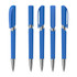 A collection of blue plastic pens with silver accents, showcasing different angles and styles, including caps and clips.