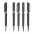 A set of five black plastic pens with shiny silver accents and various cap designs. Each pen features a logo.