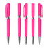 A set of five shiny pink plastic pens with silver accents, featuring different cap styles and designs.