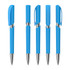 A set of five blue plastic pens with a high gloss finish and metallic accents, featuring a logo on each pen.