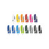 A collection of plastic pens in various colours, including white, yellow, orange, blue, green, black, and navy. Each pen features a shiny finish and a clip.