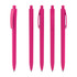 Five pink plastic pens, featuring a glossy finish and clip, displayed in various orientations. Each has a branding logo.