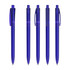 A collection of five transparent blue plastic pens, each featuring a clip and a smooth barrel design.