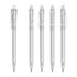 A set of transparent plastic pens in various positions, featuring silver accents and a clip on the side.
