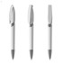 A set of three white plastic pens with a shiny silver clip and tip, featuring a sleek design and a logo.