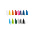A collection of plastic pens in various colours, including white, orange, green, and purple, displayed in a row.