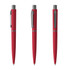 A red metal pen with a clip and a polished silver accent, displayed from multiple angles.