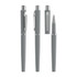 A set of grey rollerball pens with metal accents, featuring a sleek design and pocket clip.