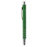 A green metal stylus pen with a shiny chrome clip and accents. Features a sleek design and a logo.