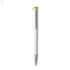 A plastic pen in white with a green clip and a silver tip, featuring a logo.