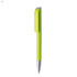 A plastic pen in bright lime green with a silver clip and tip. It features a logo on the body.