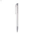 A transparent plastic pen with a silver clip and tip. It has a sleek, minimalist design and features branding.