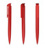 A set of three red plastic pens with a high gloss finish and pocket clips, featuring a textured design.