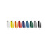 A collection of plastic pens in various colours including white, yellow, orange, red, blue, green, and black, featuring a logo.