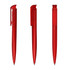 A set of three red plastic pens, featuring a sleek design and a clip for easy attachment.