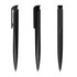 A sleek black plastic pen with a stylish design, featuring a logo and a curved clip.