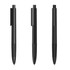 A set of black plastic pens displayed from different angles, featuring a sleek design and clip.