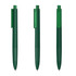 A set of green pens with a transparent cap, featuring a sleek design and a subtle branding logo.