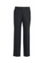 A pair of dark grey wool stretch adjustable waist pants with a straight-leg fit and a waistband.