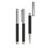 A metal rollerball pen featuring a black carbon body and chrome accents. Includes a removable cap and clip.