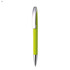 A metal pen with a bright green barrel and a chrome clip, featuring a sleek design and a branded logo.