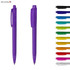 A transparent purple plastic pen with a clip, accompanied by various other coloured pens in a row.